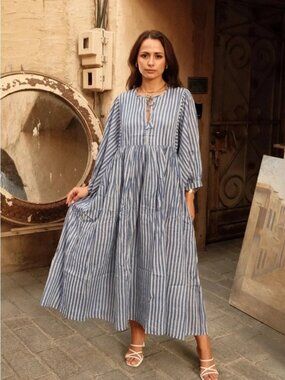 House of Sundar Blue Stripe Block Print Tie Neck Midi Dress XL Boho Cottagecore